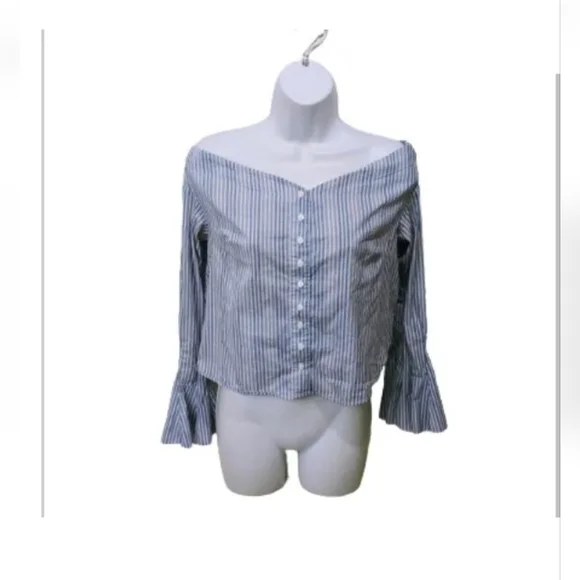 Free People Striped Blue Off Shoulder Blouse Bell Sleeve XS - Picture 7 of 14